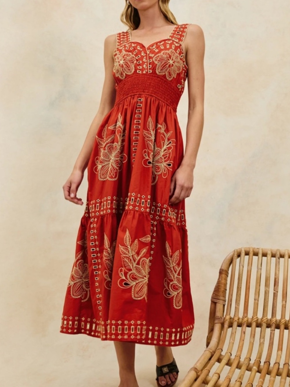 Rails Red Embroidered Maxi Dress with White Floral Detail